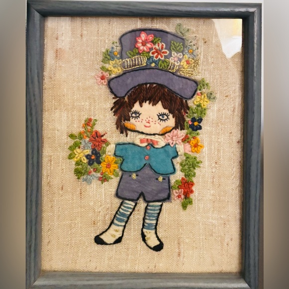 Vintage MCM Crewel Embroidery Barbara Keane's BIG EYES Boy & Girl Pair Art Work - Picture 7 of 11